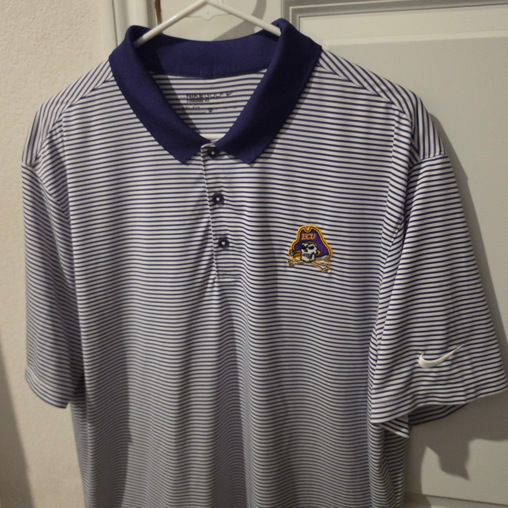Nike Golf ECU Pirates Polo Shirt Mens XL Purple White Striped Dri-FIT Standard